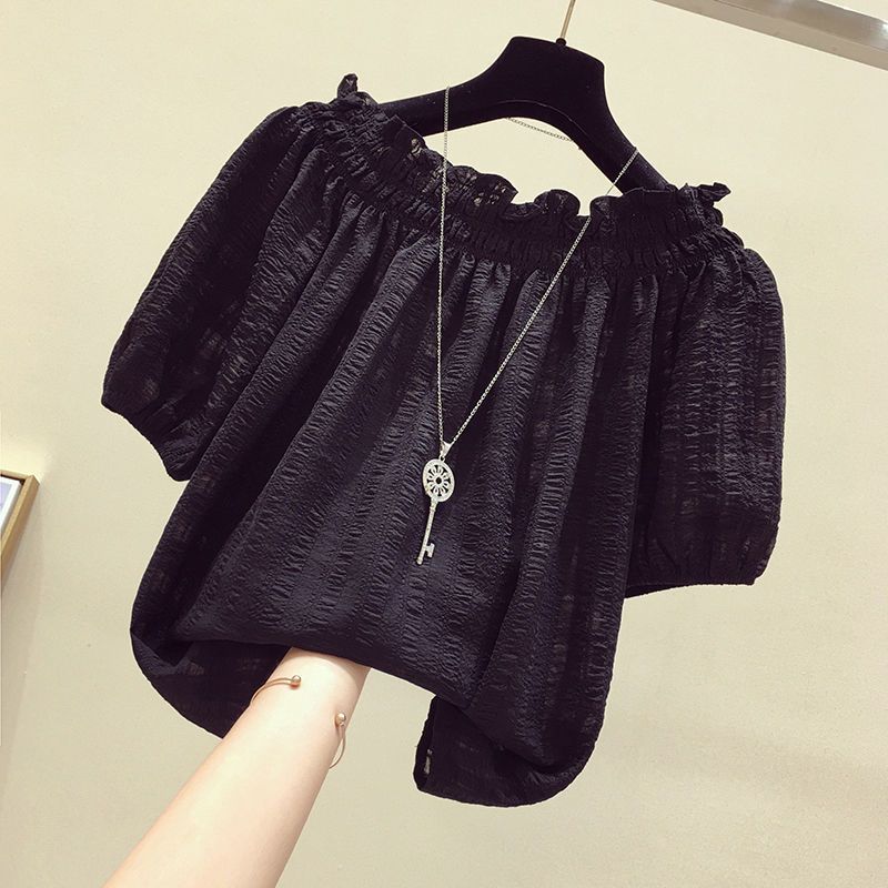 Women'S Fashion Trends Spring 2026 - Black Casual Slash Neck Puff Sleeve