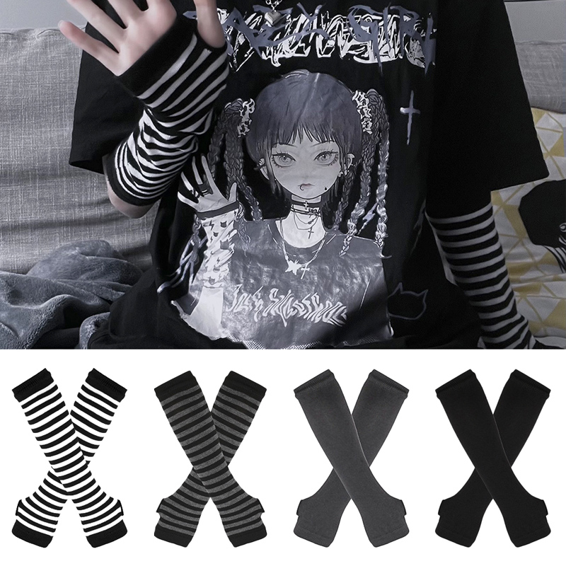 Women'S Fashion Gloves - Women Long Sleeve Gothic Striped Fingerless