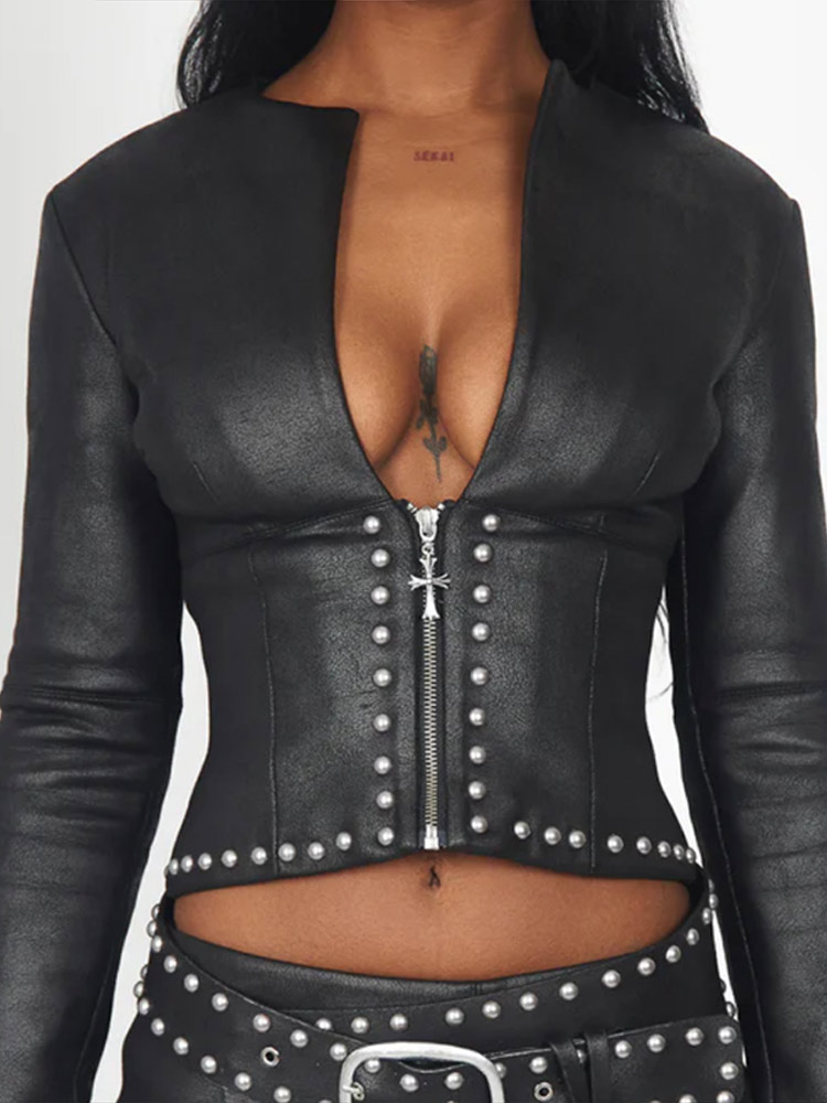 Fashion Rivet Decor Pu Leather - Women'S Fashion Leather Jacket review and price