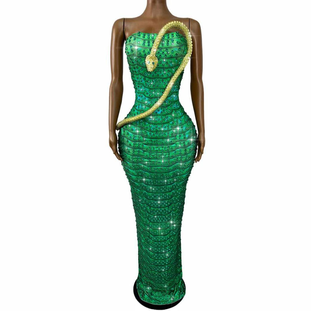 Sparkly Green Rhinestones Snak - Women Fashion Designer Dresses Photos review and price