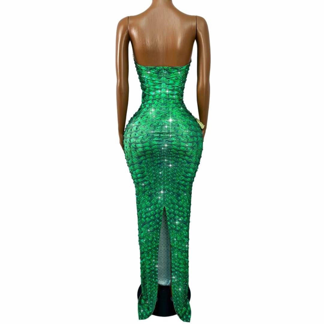 Sparkly Green Rhinestones Snak - Women Fashion Designer Dresses Photos review and price